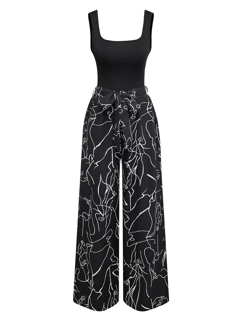 Débardeur tricoté col en U et pantalon imprimés abstraits noir des années 1970