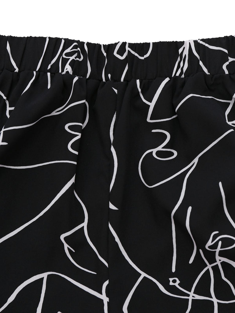 Débardeur tricoté col en U et pantalon imprimés abstraits noir des années 1970