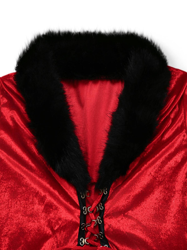 Veste de Noël en velours à lacets et bordure en fourrure rouge des années 1970