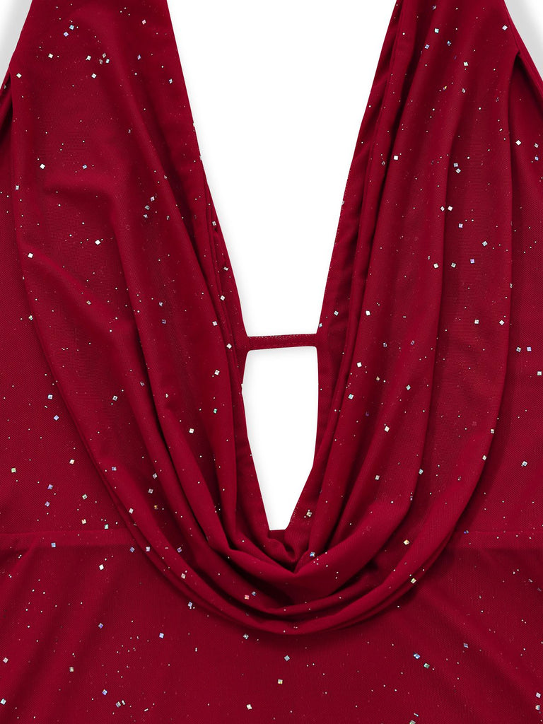 Robe maxi fendue licou pailletée dos nu col cowl 1980s