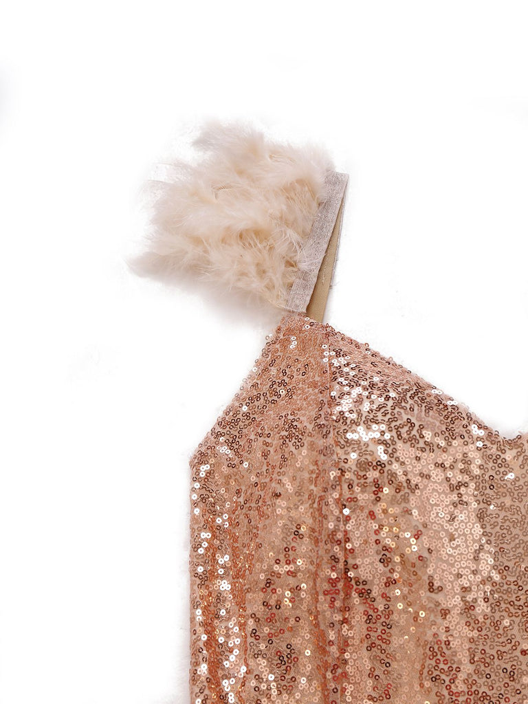 Robe sequins col en V bretelles à plumes fente haute années 1930