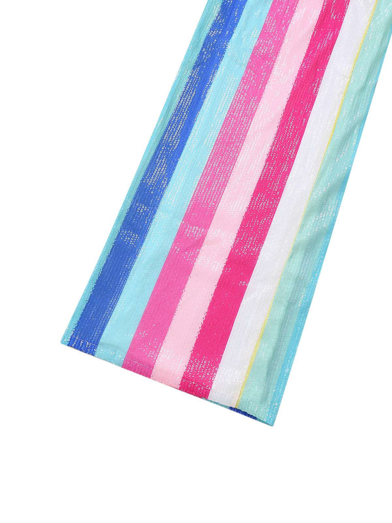 Combinaison multicolore à rayures verticales et paillettes col en V années 1960