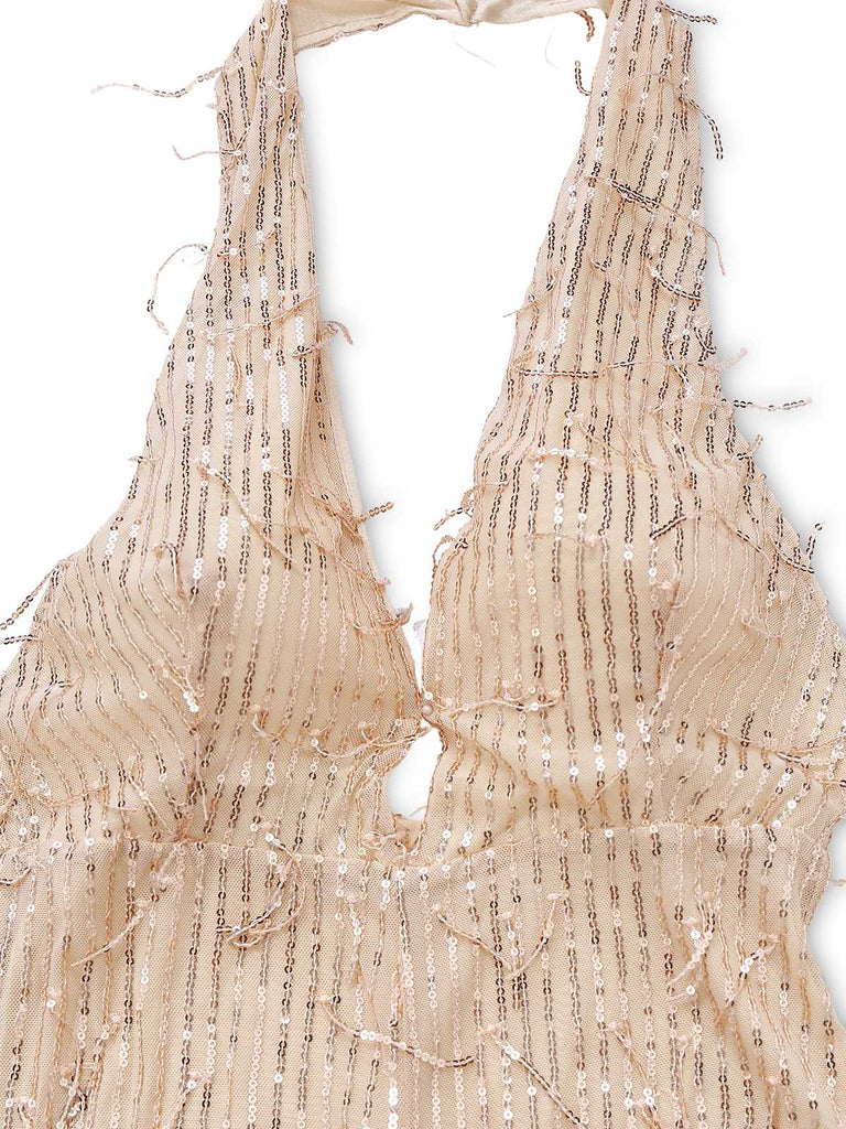 Combinaison de soirée à paillettes col en V profond dos nu des années 1970