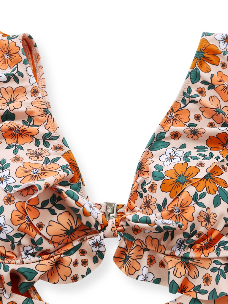 Maillot de bain une pièce à volants et découpes florales nœud sur le devant années 1930
