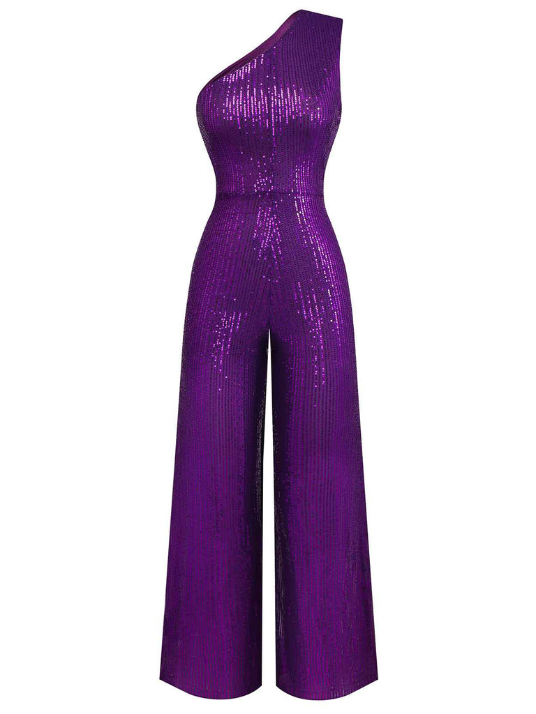 Combinaison asymétrique à paillettes violette des années 1970