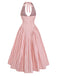 Robe longue évasée sans manches col V carreaux vichy rose années 1940