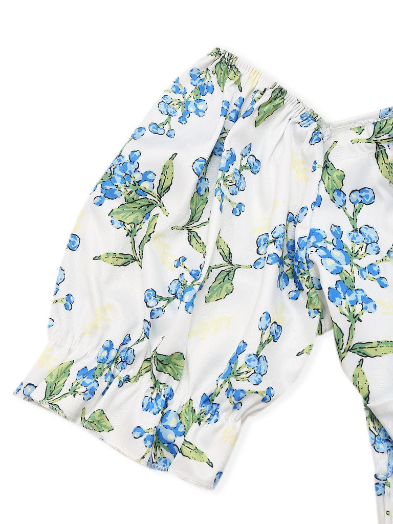 Robe verte et bleu à nœud papillon fleuri des années 1940
