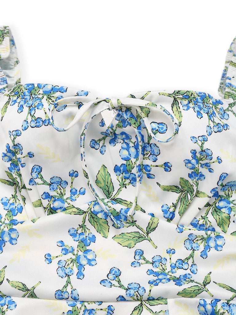 Robe verte et bleu à nœud papillon fleuri des années 1940
