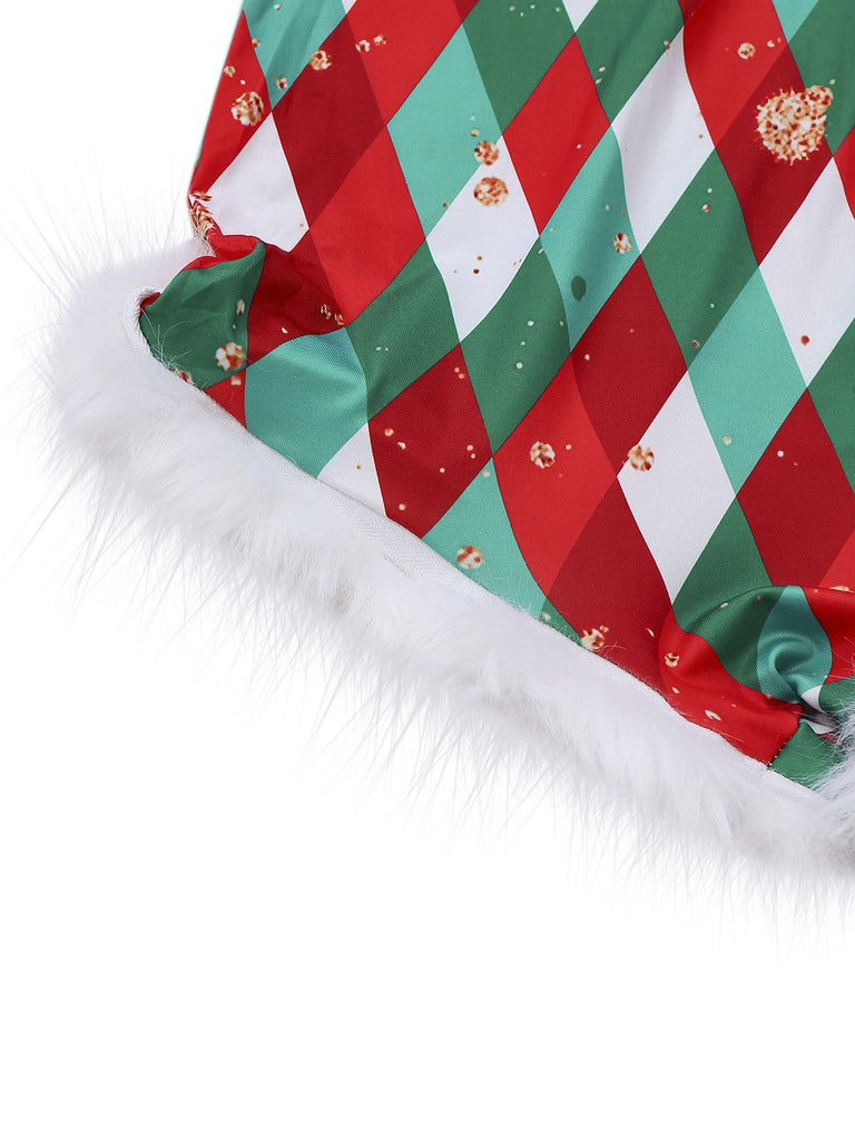 Combishort de Noël à carreaux losanges avec ourlet brut années 1970