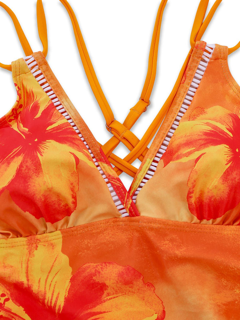 Ensemble tankini patchwork floral à col en V années 1950