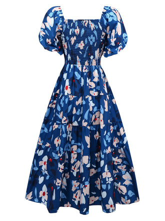 Robe bleue à fleurs manches bouffantes épaules dénudées années 1940