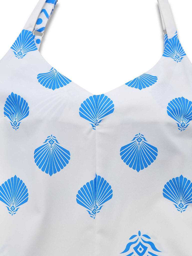 Combinaison bleue à bretelles imprimé coquillages avec ceinture années 1930