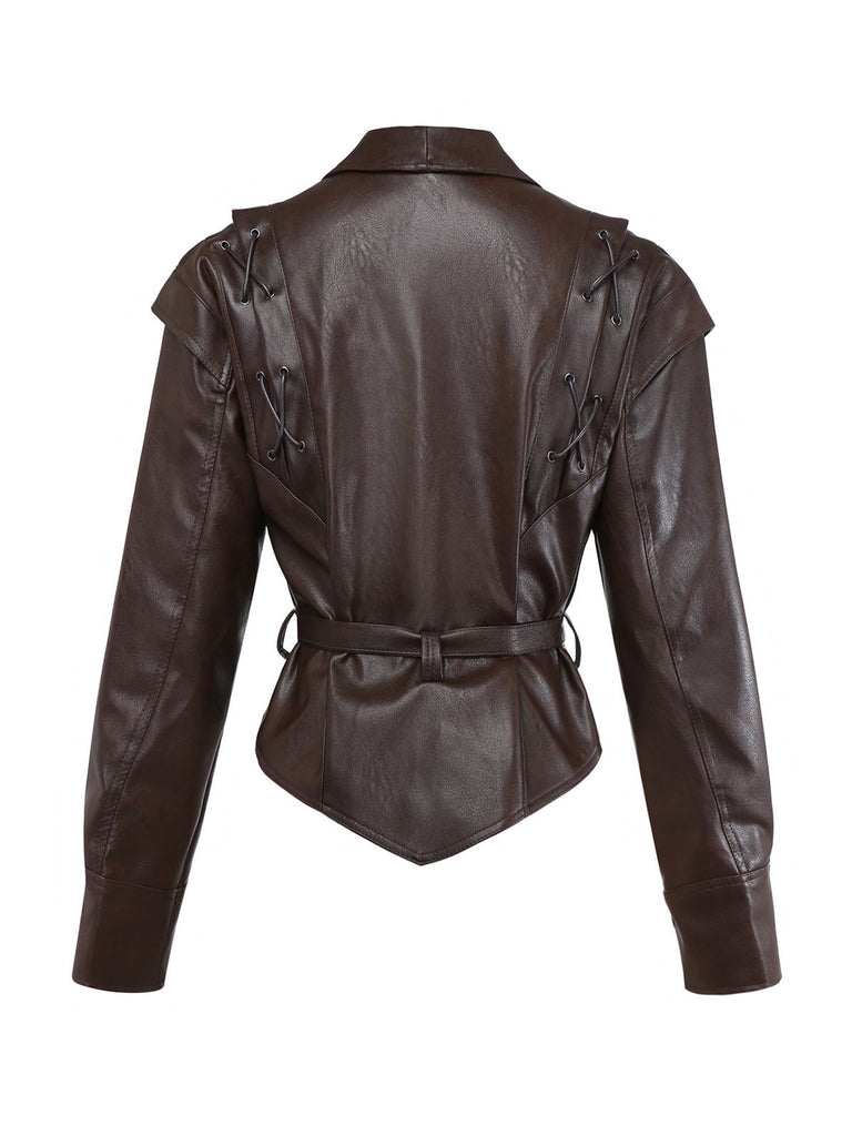 Veste ceinturée en cuir café foncé années 1970