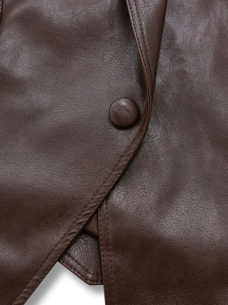 Veste ceinturée en cuir café foncé années 1970