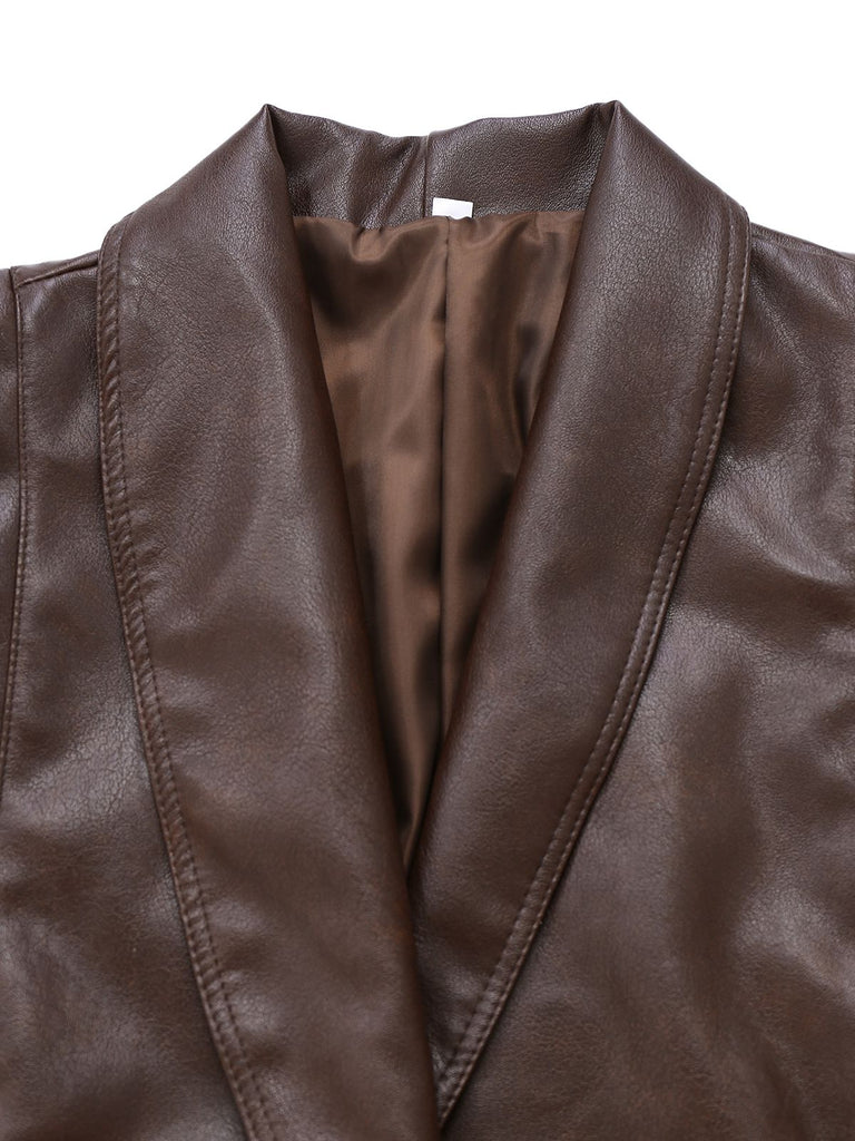 Veste ceinturée en cuir café foncé années 1970