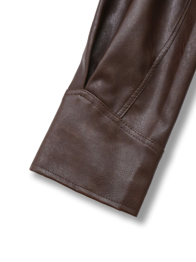 Veste ceinturée en cuir café foncé années 1970