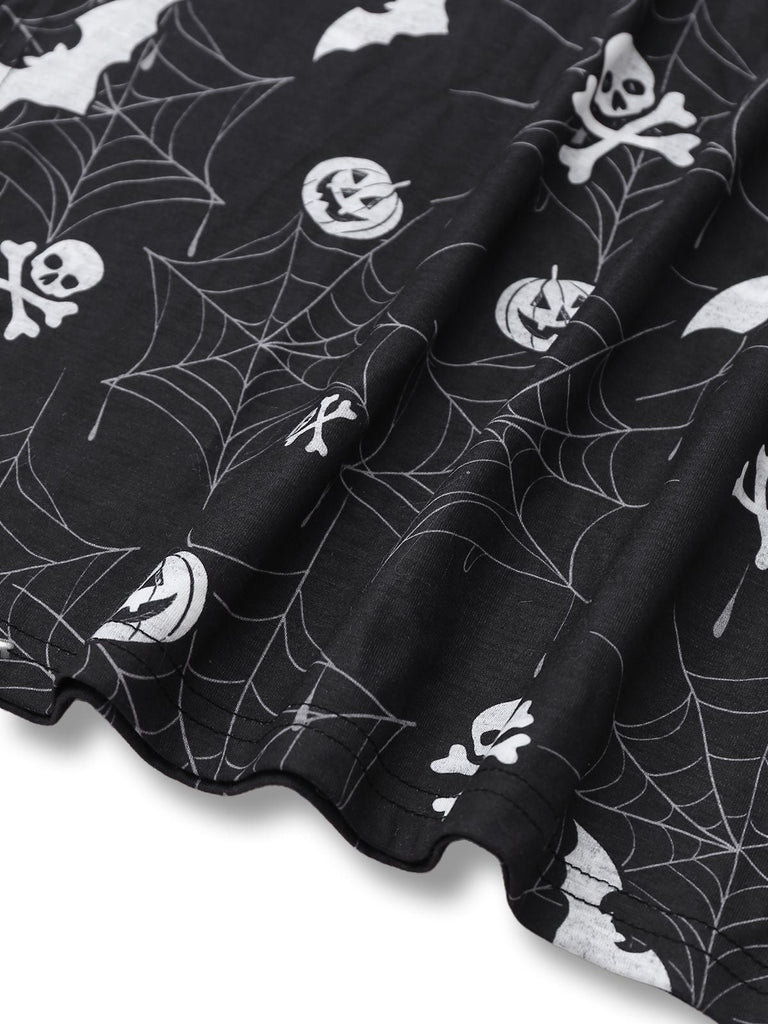 Robe mi-longue fendue noire à imprimé Halloween années 1930