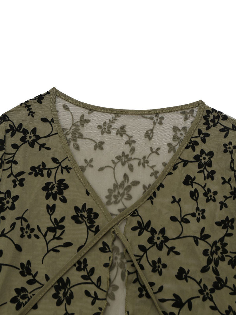 Cardigan transparent à lacets et imprimé botanique des années 1980