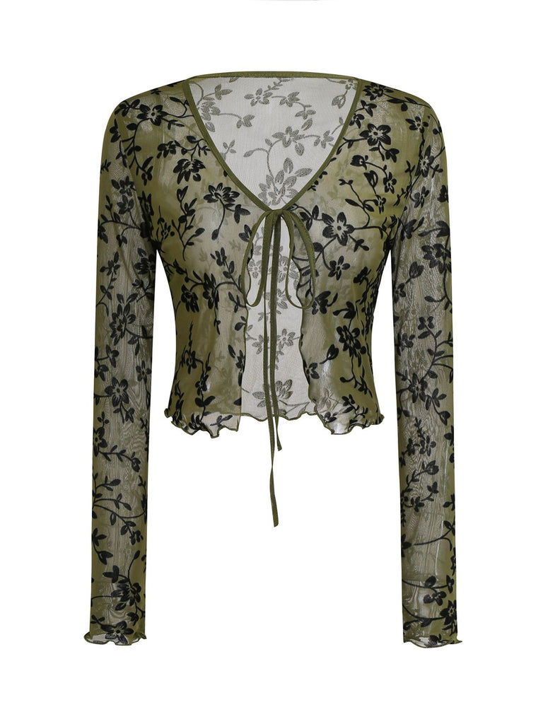 Cardigan transparent à lacets et imprimé botanique des années 1980