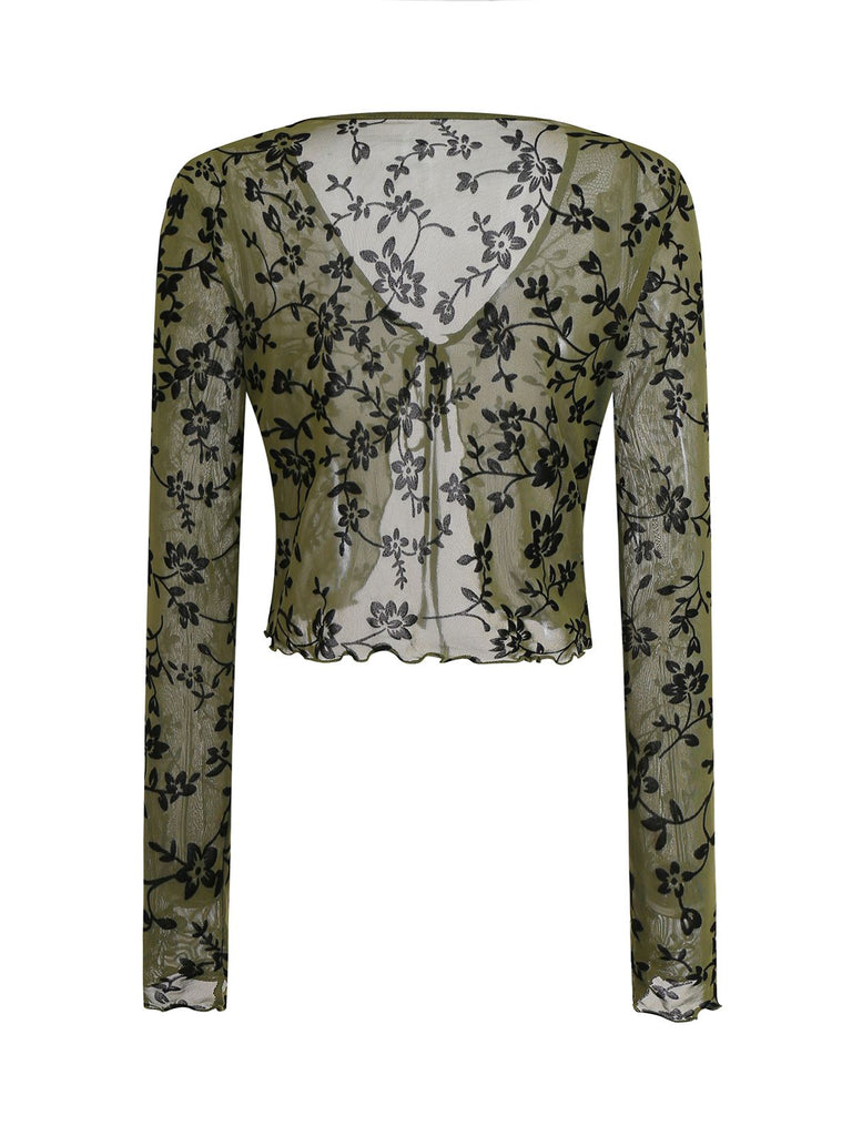Cardigan transparent à lacets et imprimé botanique des années 1980