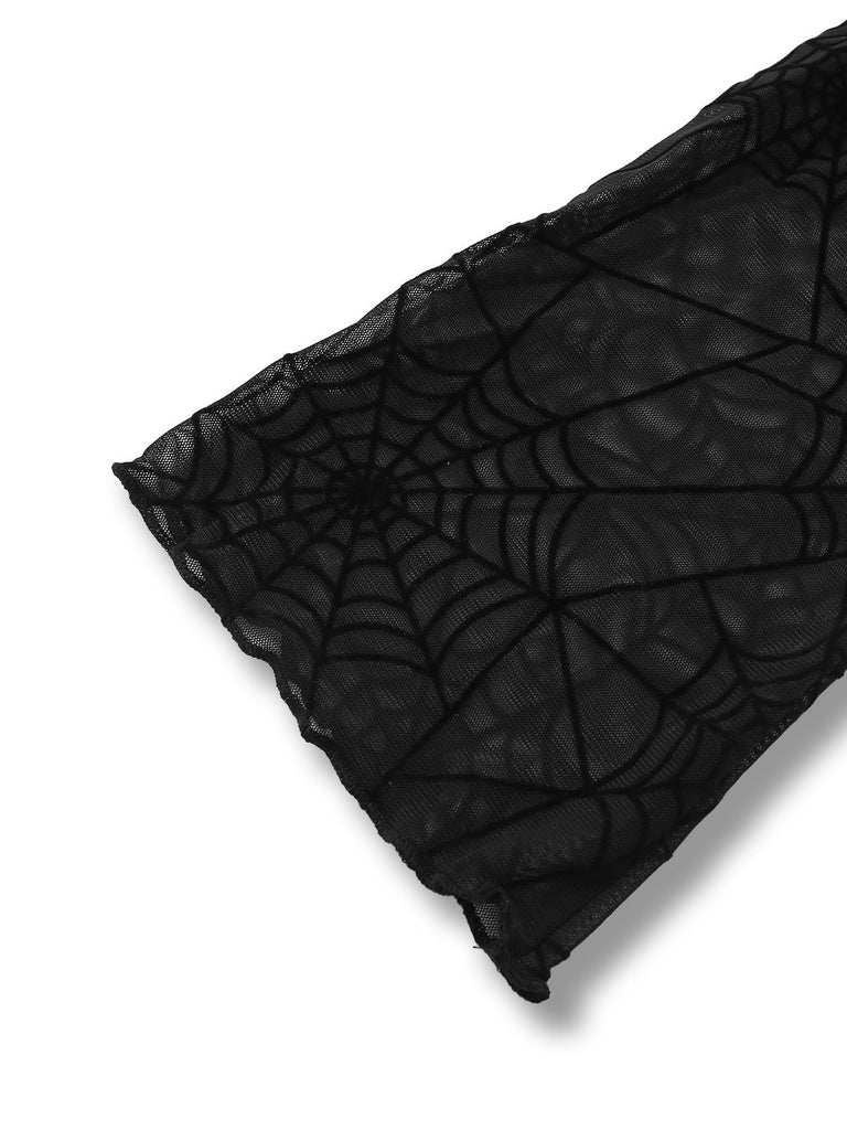 Haut noire en toile d'araignée à manches évangélistes années 1970