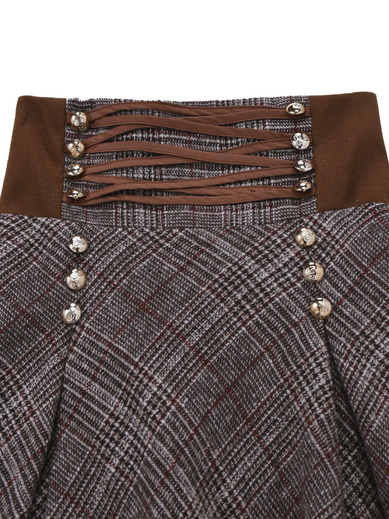 2PCS Chemisier col haut et volants en mousseline et jupe à carreaux lacée années 1980