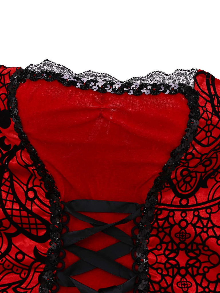 Robe et cape en velours rouge en dentelle et paillettes années 1980