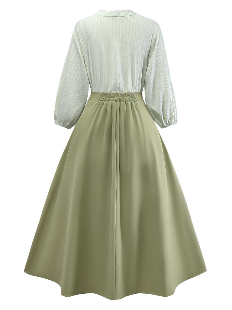 2PCS Chemisier vert col noué et jupe trapèze des années 1980