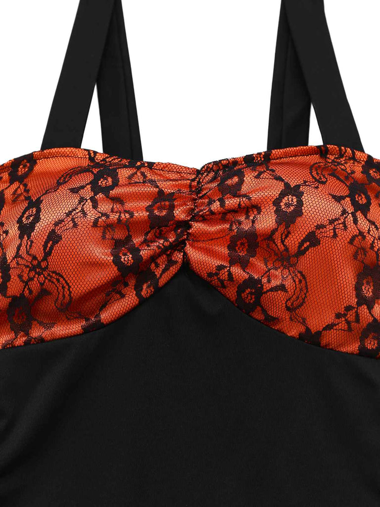 Robe orange en dentelle fleurie avec châle et chapeau des années 1940