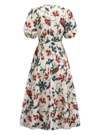 Robe beige fleurs et oiseaux à manches bouffantes années 1940