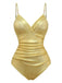 Maillot de bain une pièce doré à bretelles froncées et perles années 1980