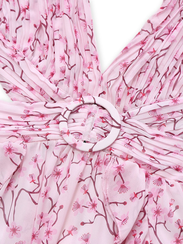 Robe fleurie rose découpée à volants col en V profond des années 1970