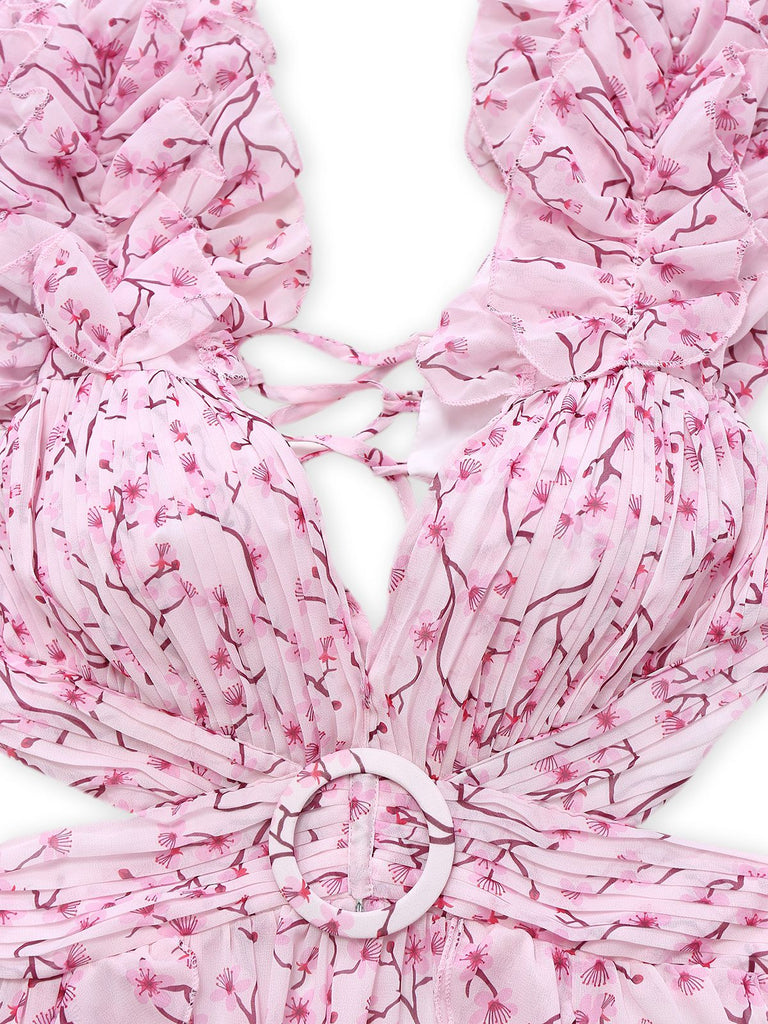 Robe fleurie rose découpée à volants col en V profond des années 1970