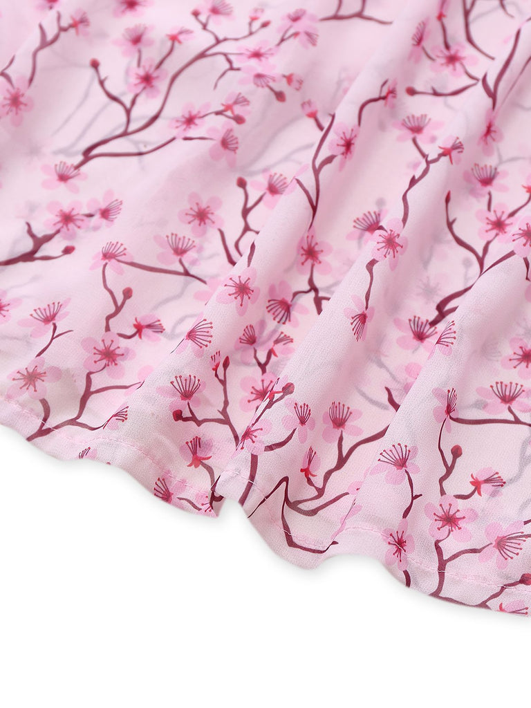 Robe fleurie rose découpée à volants col en V profond des années 1970