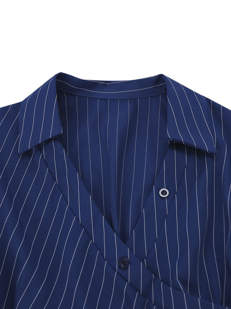 Robe chemise rayée fines bleue col Johnny des années 60
