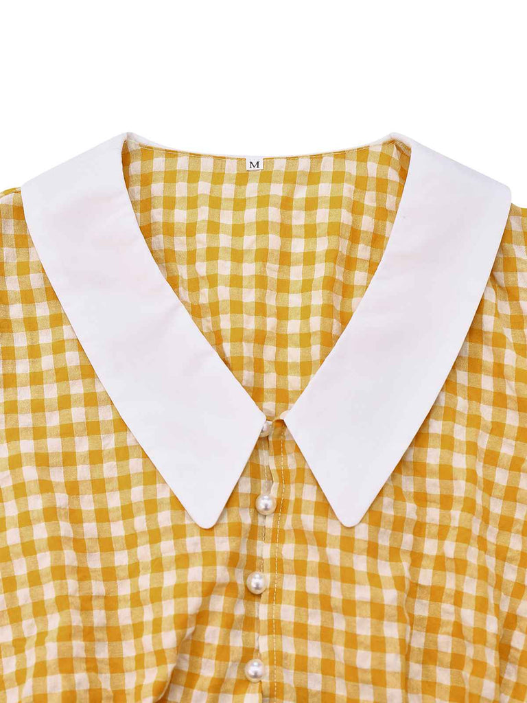 Haut jaune à carreaux vichy revers et boutons nacrés des années 1950