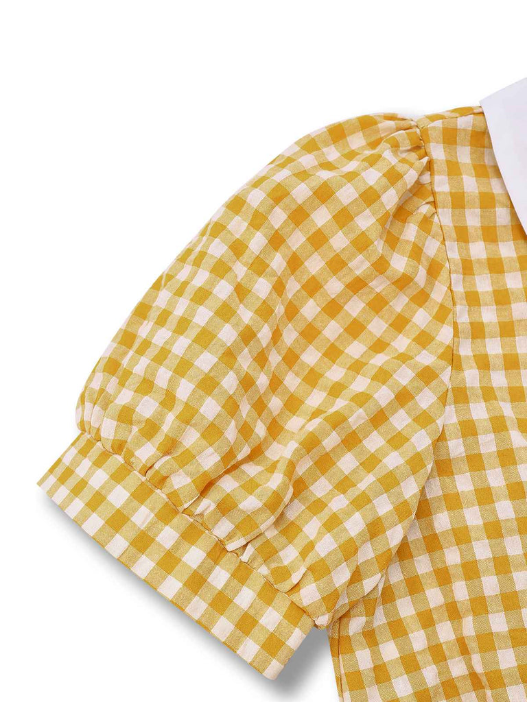 Haut jaune à carreaux vichy revers et boutons nacrés des années 1950