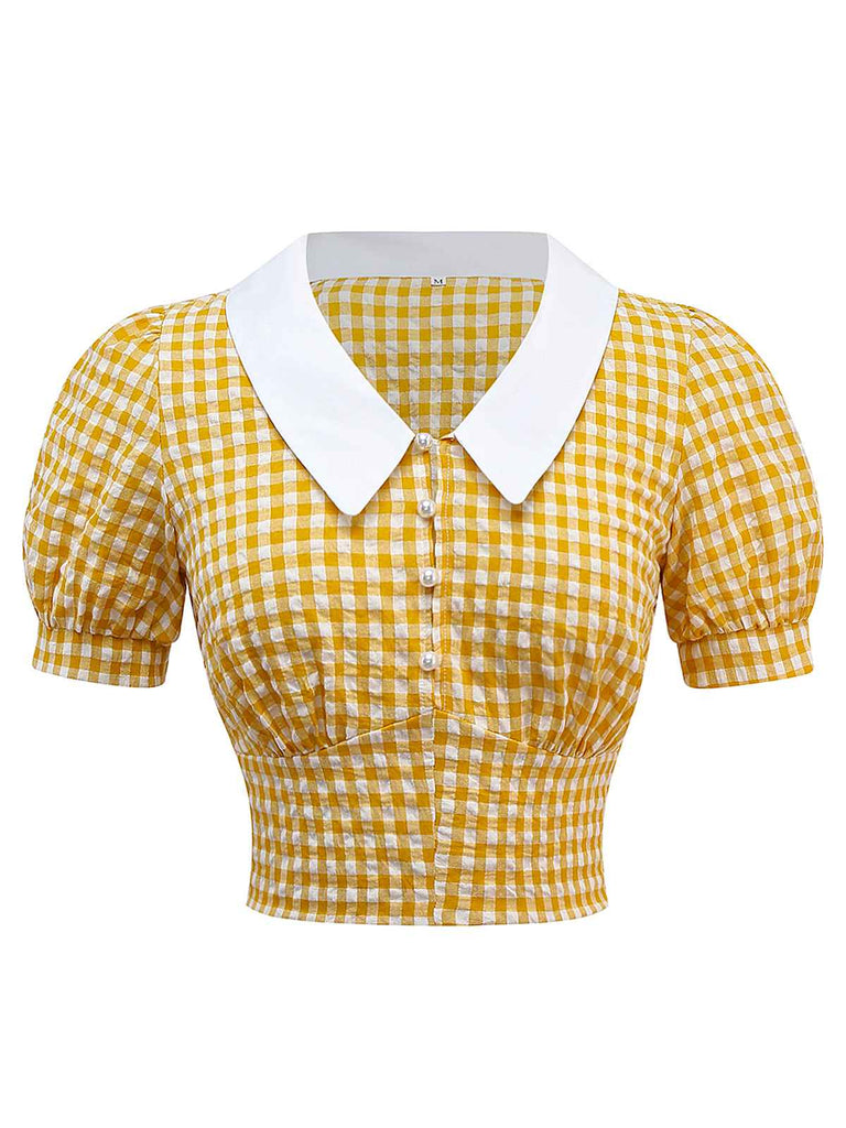 Haut jaune à carreaux vichy revers et boutons nacrés des années 1950