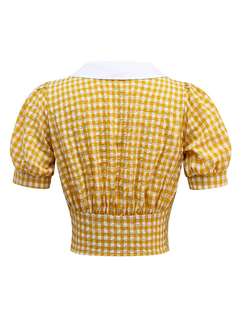 Haut jaune à carreaux vichy revers et boutons nacrés des années 1950