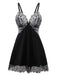 Chemise de nuit noire en velours et dentelle des années 1950