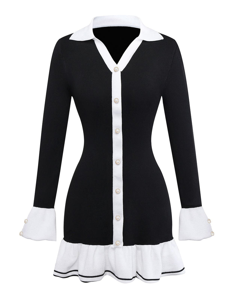 Robe noir et blanc à volants en tricot contrasté années 1970