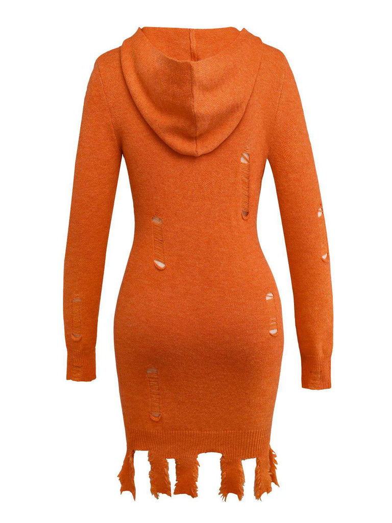 Robe à capuche orange en tricot effet citrouille vieillie Halloween des années 1970
