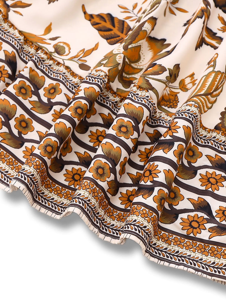 Robe fleurie style bohème couleur caramel des années 1970