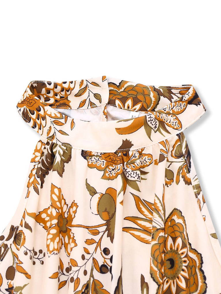 Robe fleurie style bohème couleur caramel des années 1970