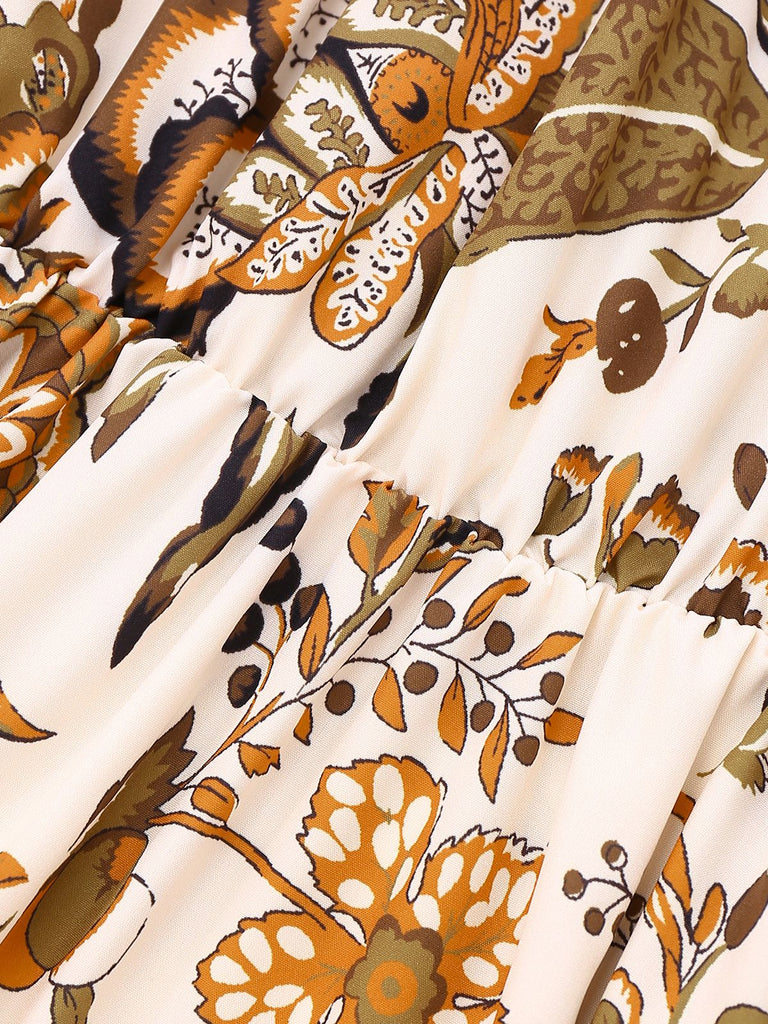 Robe fleurie style bohème couleur caramel des années 1970