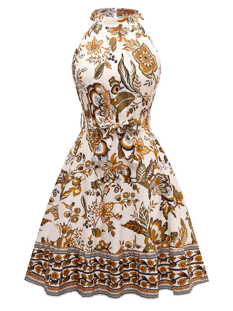 Robe fleurie style bohème couleur caramel des années 1970