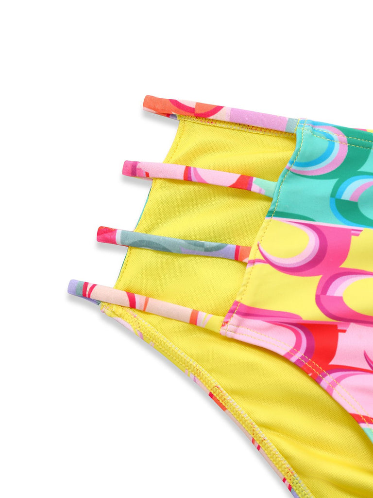 Ensemble bikini dos nu multicolore à lacets arc-en-ciel années 1960
