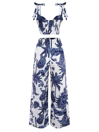 2PCS Haut court et pantalon bleu style bohème des années 1970