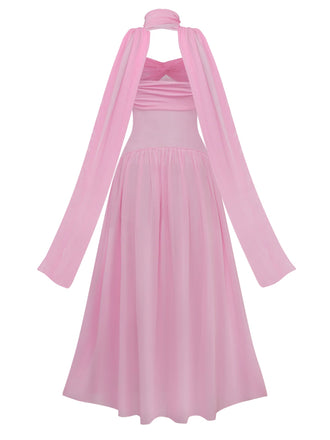 Robe de soirée bustier à col licou années 1950 avec foulard