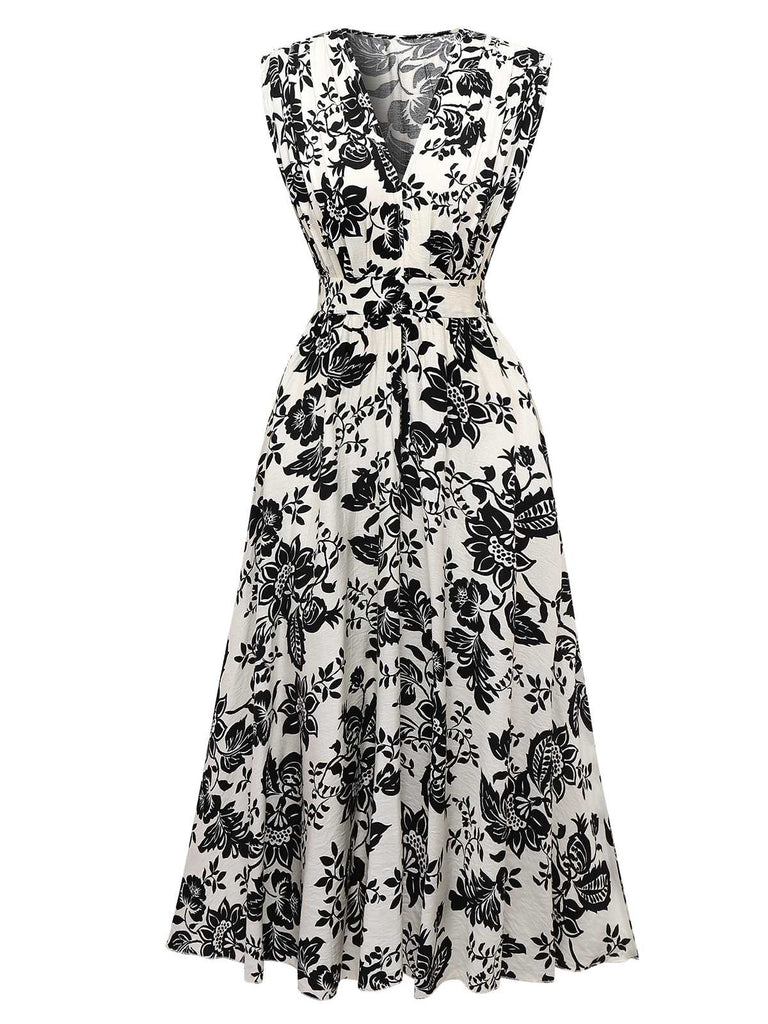Robe mi-longue à fleurs à manches courtes années 1970
